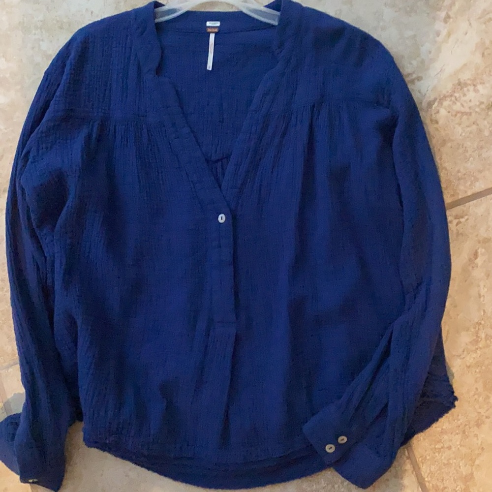 Free People Deep Blue Gauze V-Neck Button Front Top